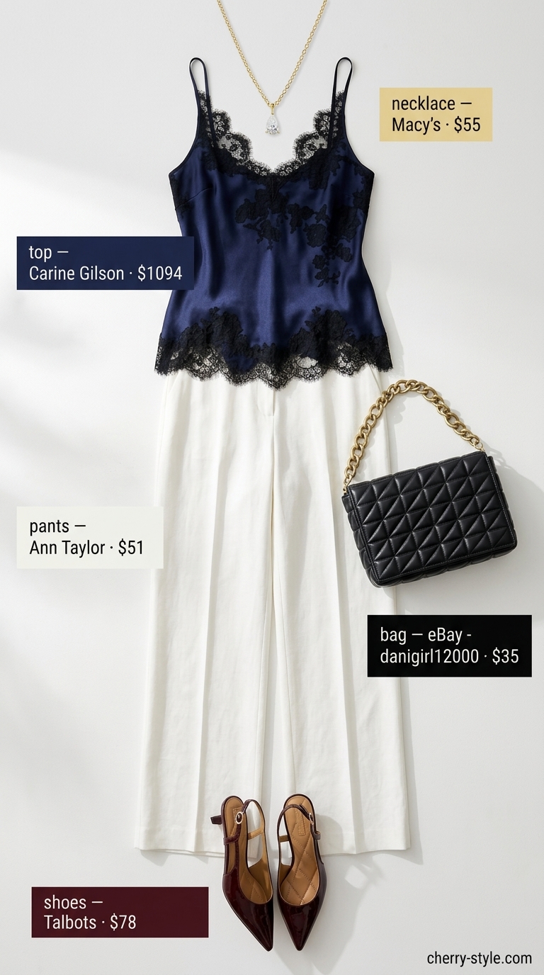 Classic summer hot tops outfit for women 2026: Navy silk camisole, ivory wide-leg trousers, red kitten heels.