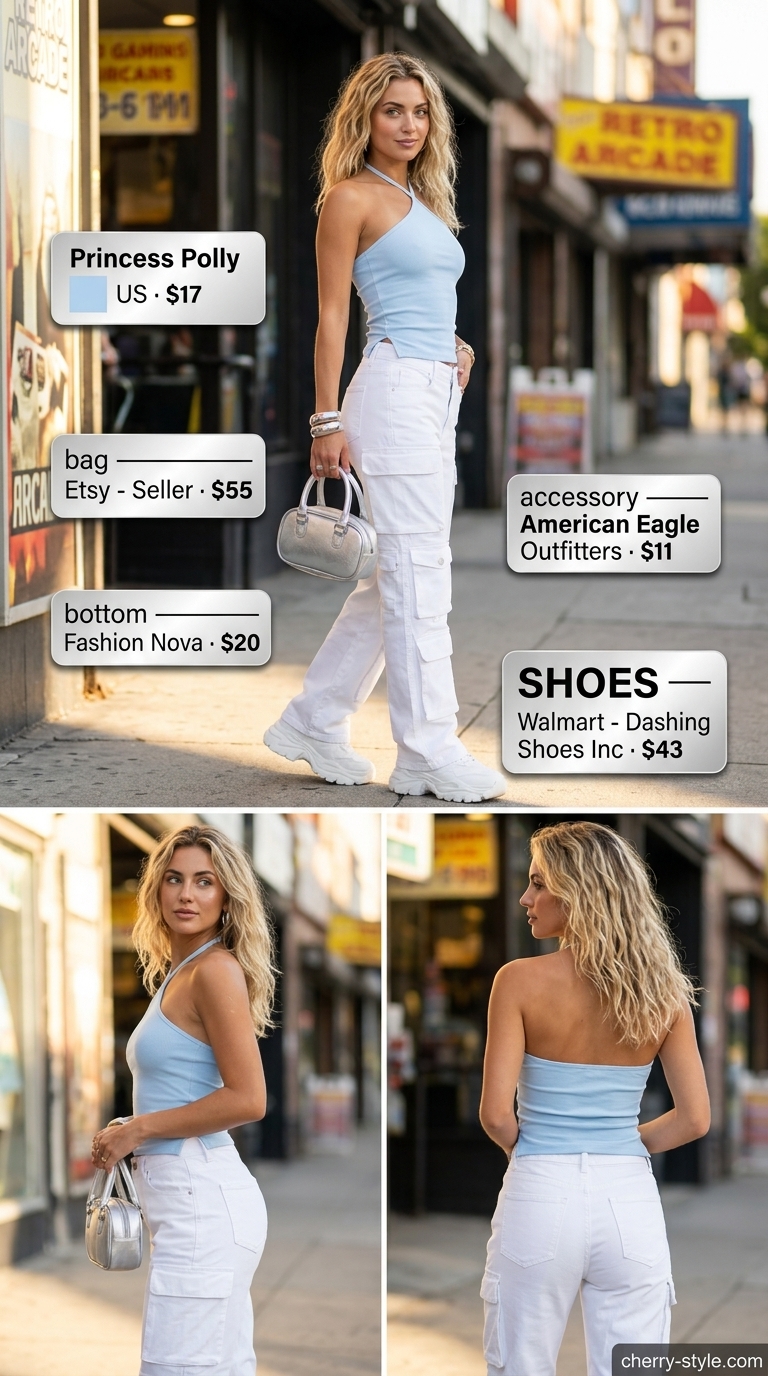 Y2K summer hot tops outfit for women 2026: Sky blue halter top, white cargo pants, chunky sneakers.