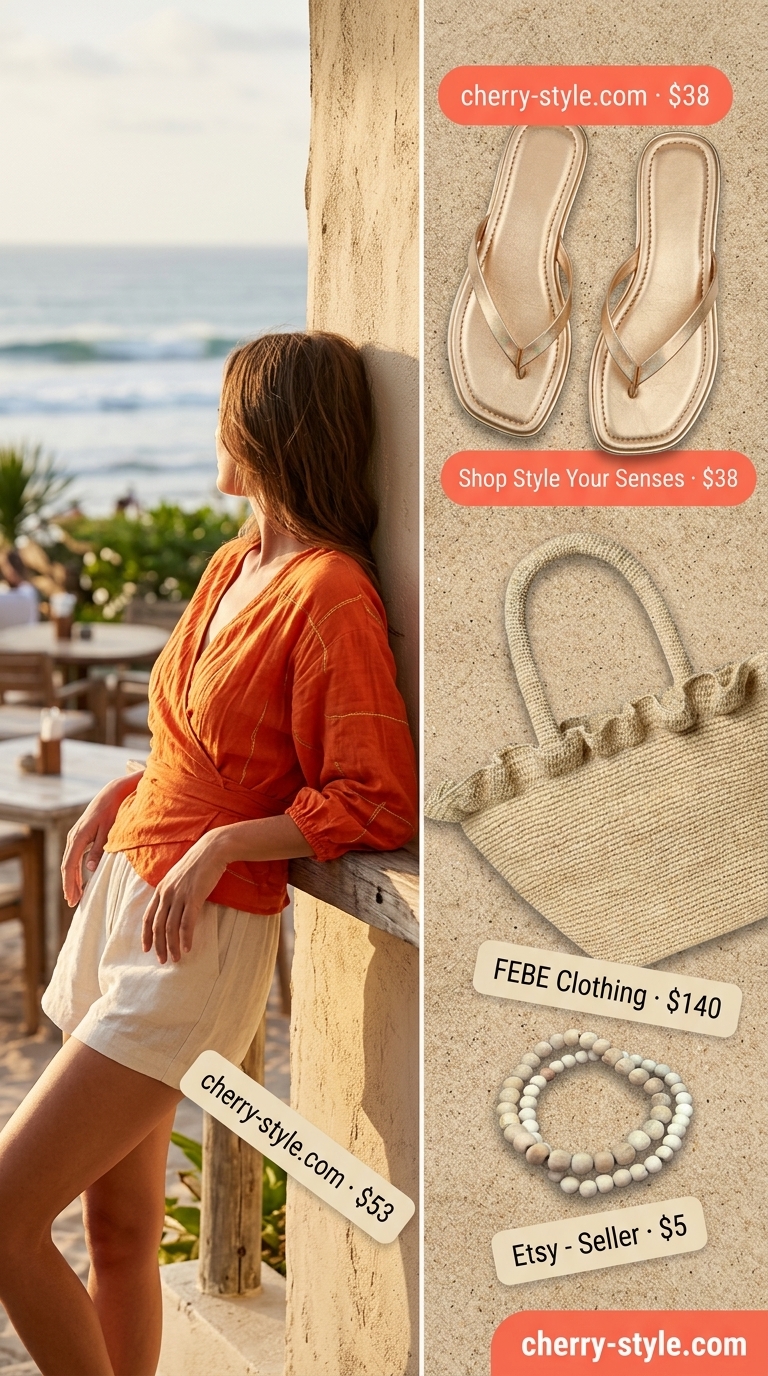 Bold summer hot tops outfit for women 2026: Bright orange knit halter top, ecru tiered maxi skirt, gold flat sandals.