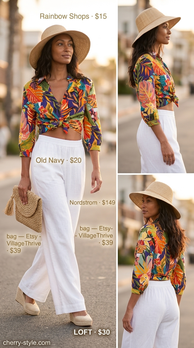 Resort summer hot tops outfit for women 2026: Floral tie-front blouse, white linen pants, espadrille wedges.
