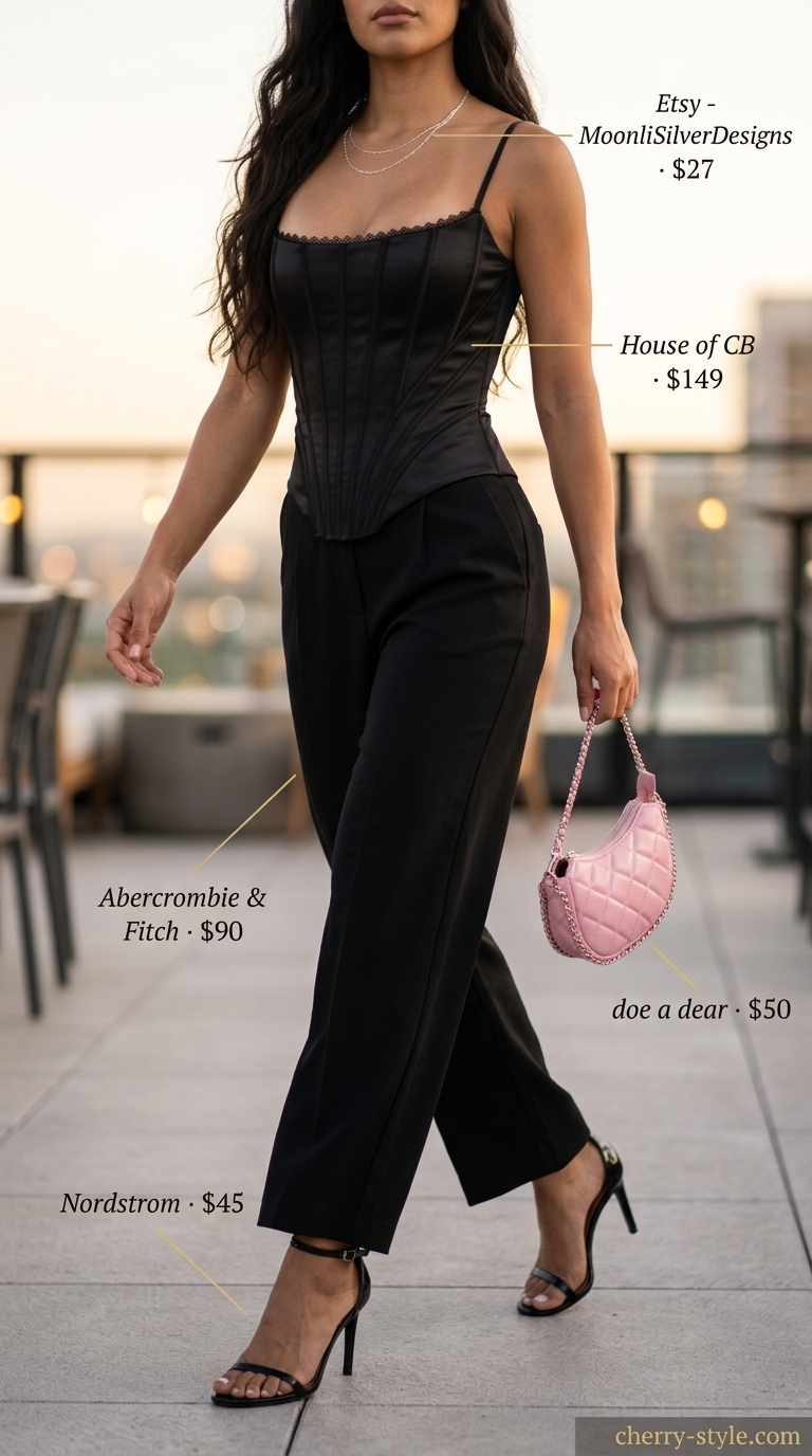 Black satin corset top with wide-leg trousers & silver necklaces for summer hot tops outfit for women 2026.