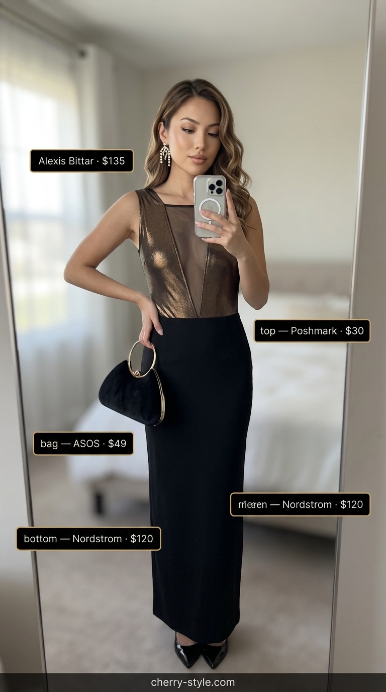 Bronze metallic bodysuit with black maxi skirt & gold earrings for summer hot tops outfit for women 2026.