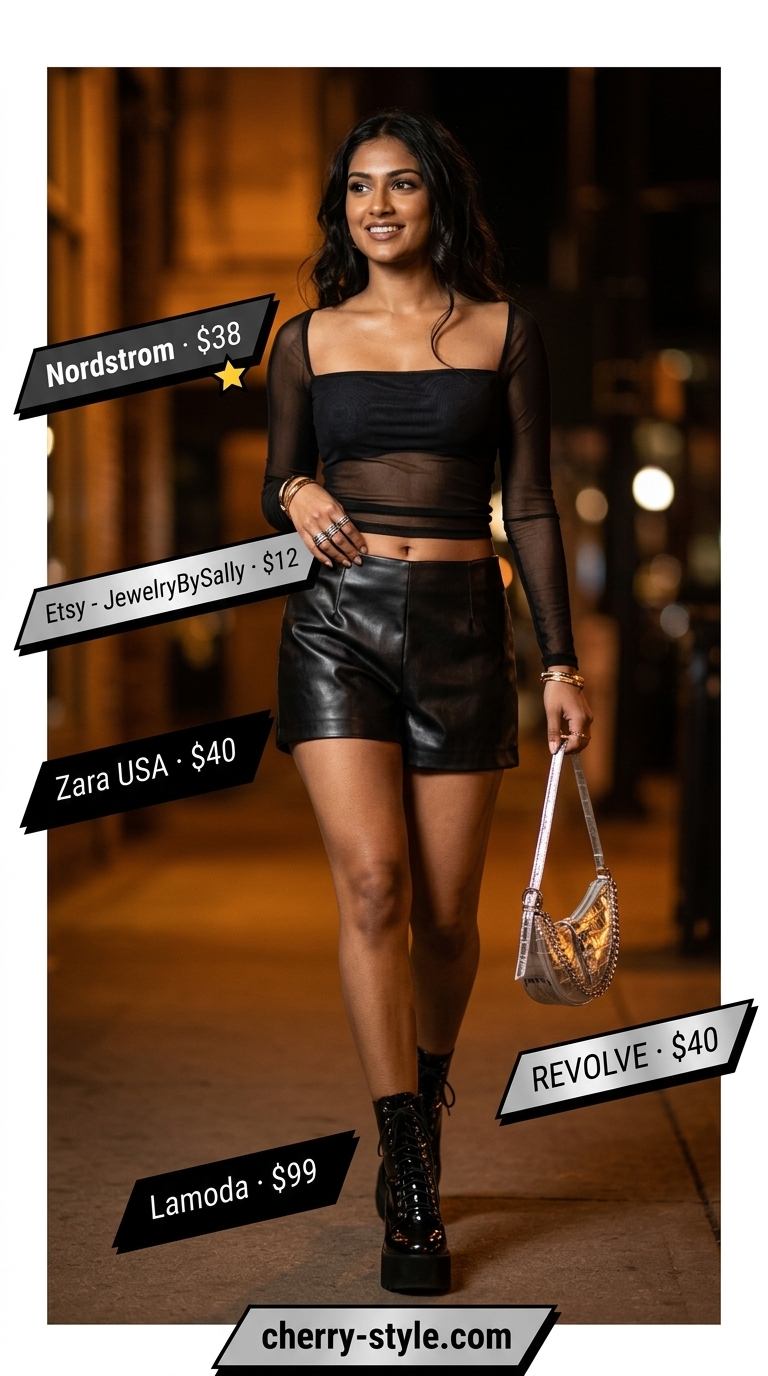 Edgy summer hot tops outfit for women 2026: Black mesh top, faux leather shorts, platform boots for concert.
