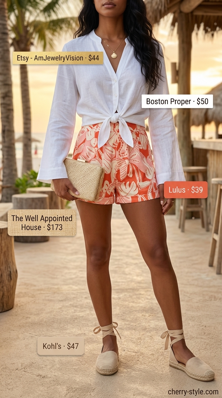Relaxed summer hot tops outfit for women 2026: Floral shorts, linen shirt, espadrilles for vacation.