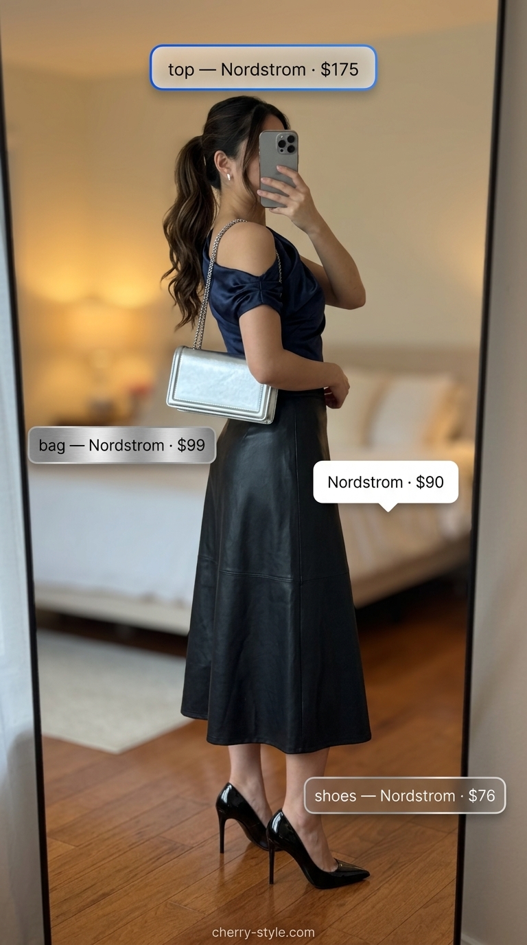 Cobalt blue one-shoulder top with faux leather pencil skirt for summer hot tops outfit for women 2026.