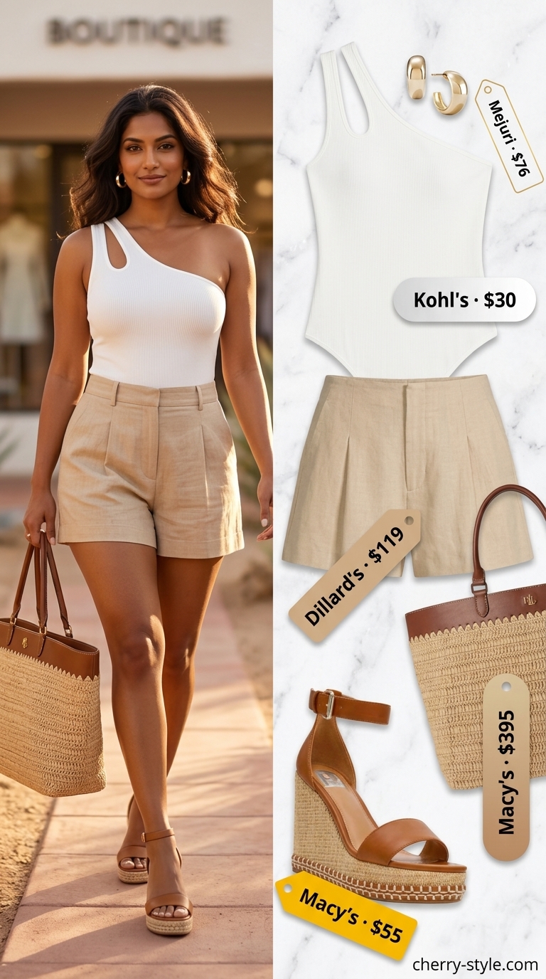 Sophisticated summer hot tops outfit for women 2026: White bodysuit, linen shorts for resort lunch.