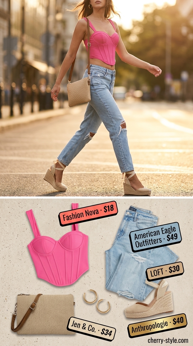 Trendy summer hot tops outfit for women 2026: Dusty rose corset top, light wash jeans for day party.
