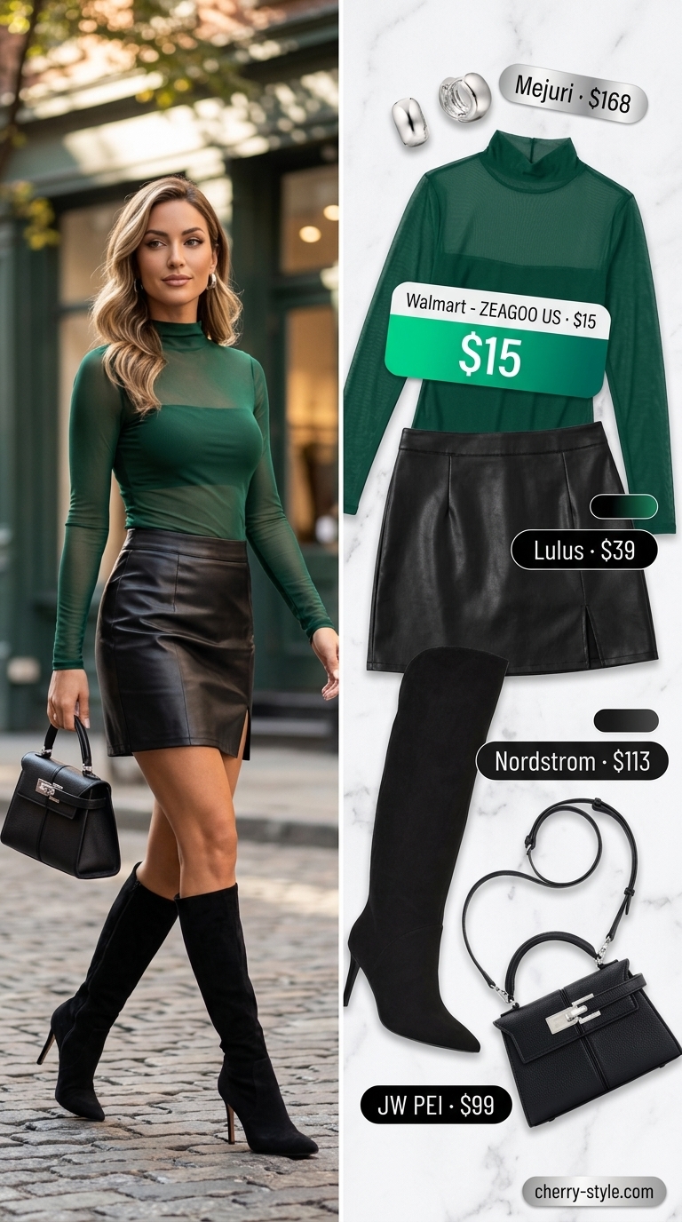 Fashion-forward summer hot tops outfit for women 2026: Emerald mesh top, faux leather skirt for events.