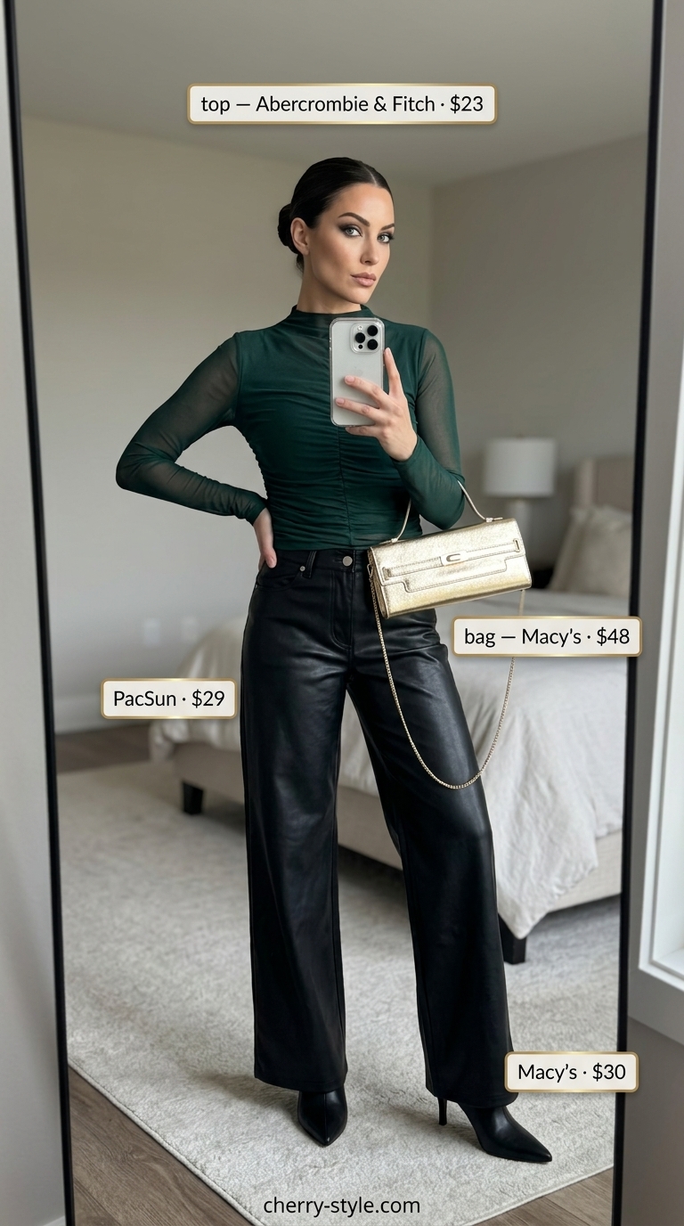 Emerald green sheer mesh top over black bralette with faux leather pants for summer hot tops outfit for women 2026.