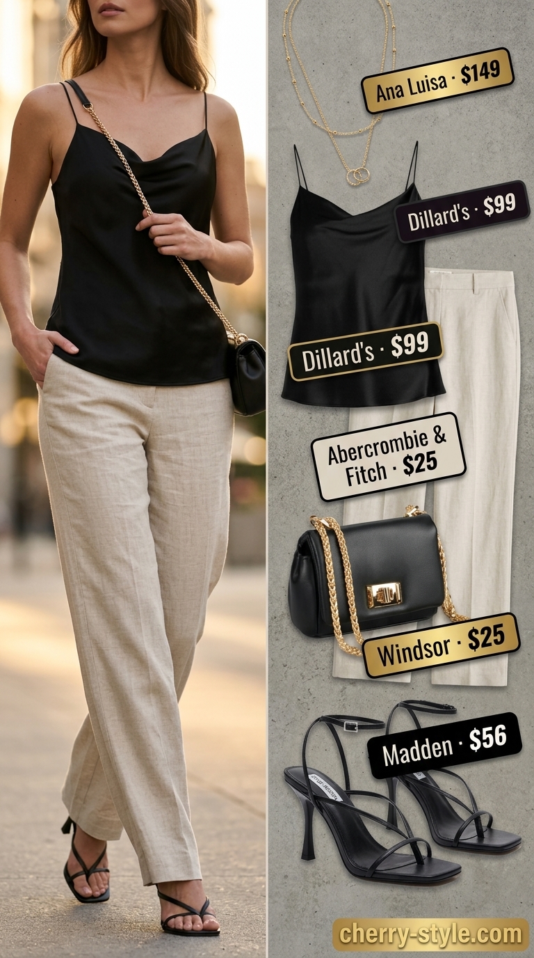 Sophisticated summer hot tops outfit for women 2026: Black satin cami, cream trousers for date night.