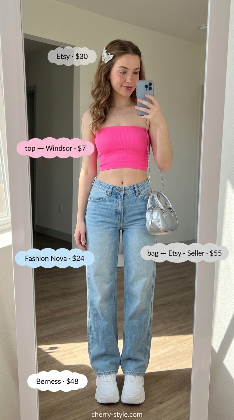 Bubblegum pink bandeau top with low-rise baggy jeans & platform sneakers for summer hot tops outfit for women 2026.