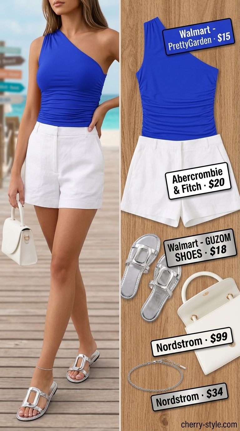 Chic summer hot tops outfit for women 2026: Cobalt blue top, white linen shorts for vacation dinner.
