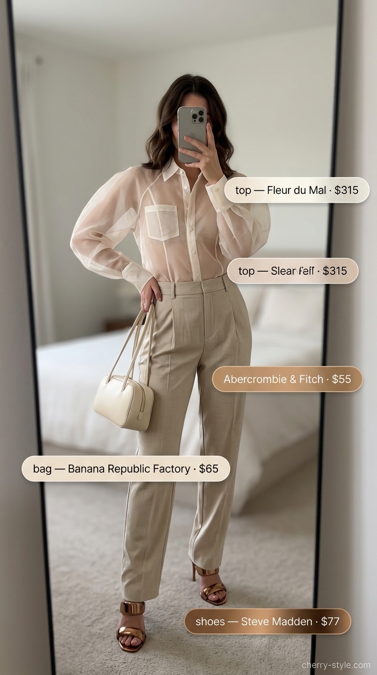 Ivory sheer organza blouse over nude bralette with tan trousers for summer hot tops outfit for women 2026.