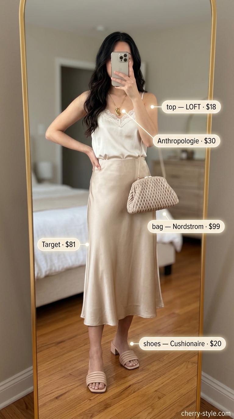 Champagne silk camisole with lace trim & flowy midi skirt for summer hot tops outfit for women 2026.