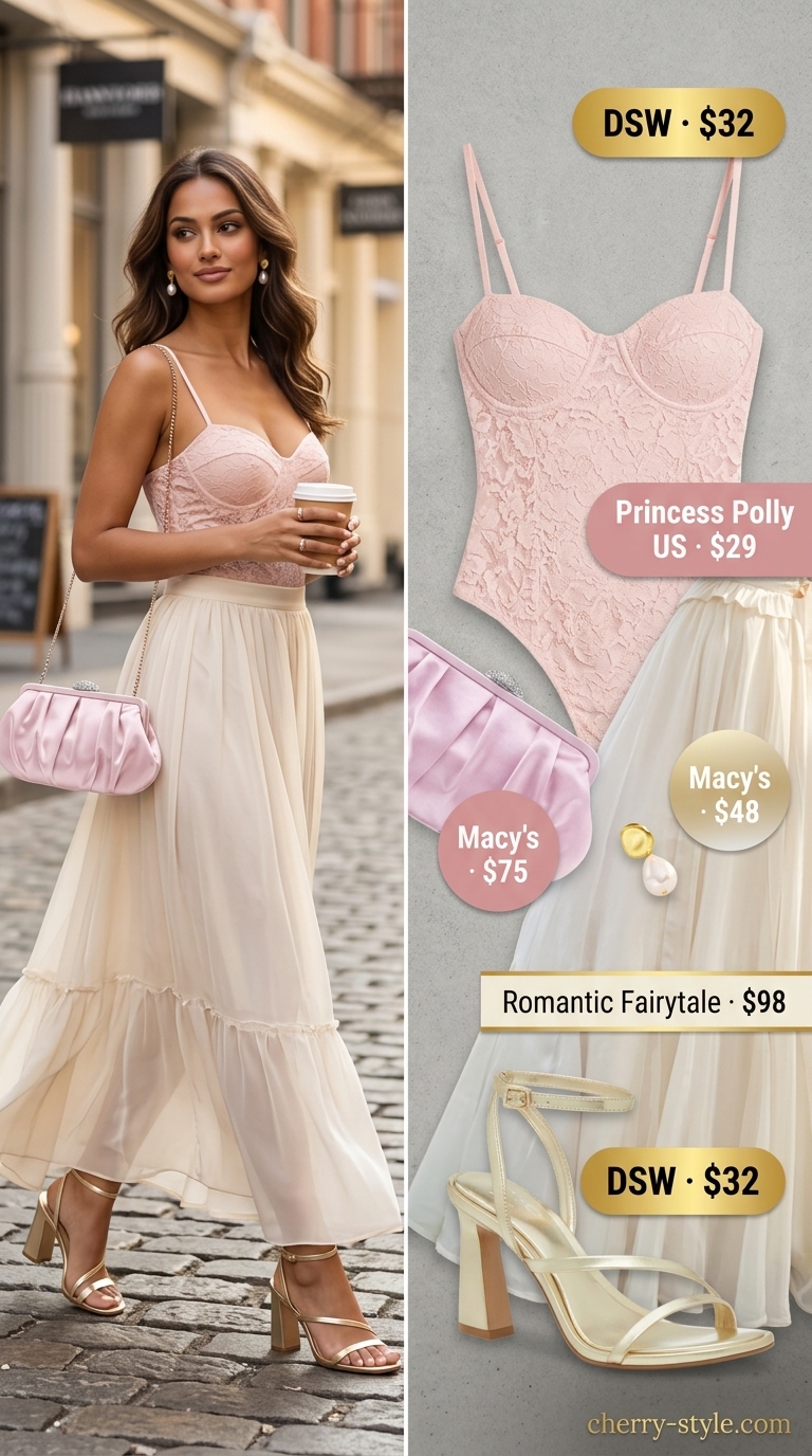 Romantic Lace Bodysuit & Maxi Skirt 2026 Romantic evening outfit with blush pink lace bodysuit, maxi skirt, and heels. Summer lace bodysuit outfits for women 2026.
