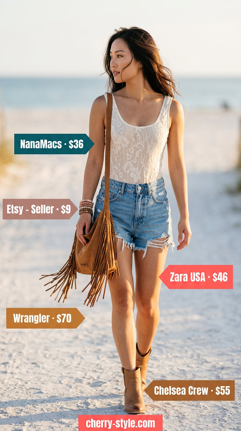 Boho Beach Lace Bodysuit Outfits for Women 2026 Boho beach summer lace bodysuit outfits for women 2026: cream lace bodysuit, distressed denim shorts, suede fringe bag.