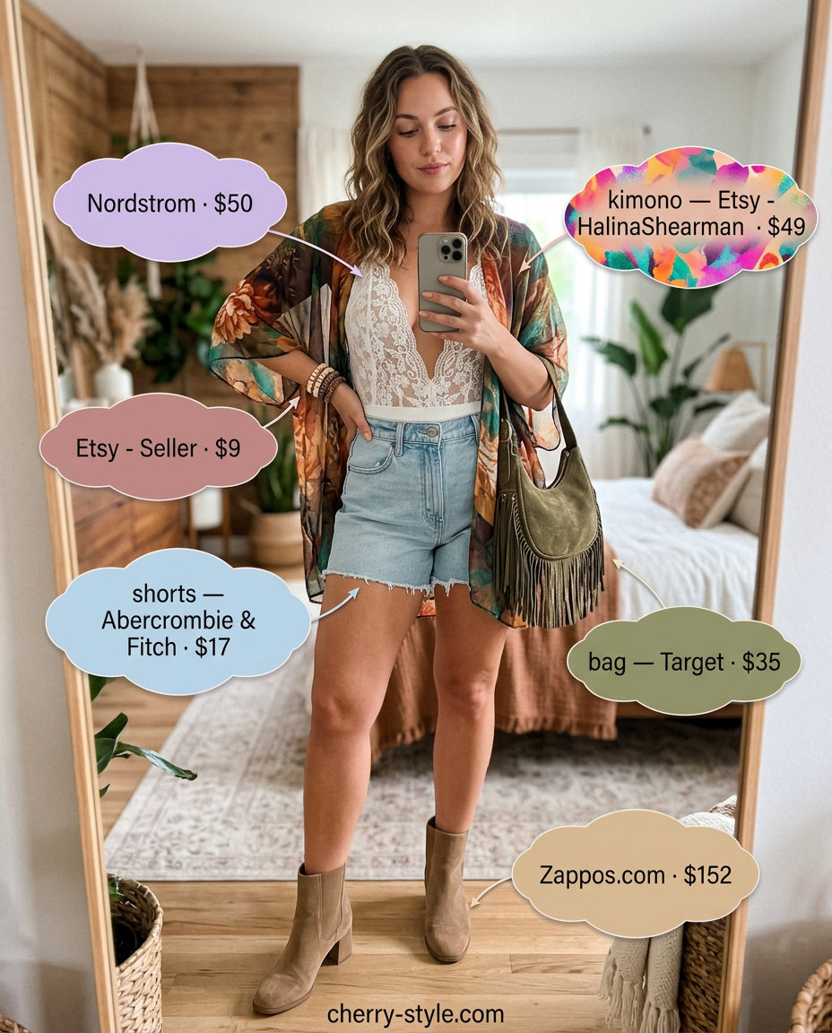 Boho Festival Lace Bodysuit Outfits for Women 2026 Bohemian summer lace bodysuit outfits for women 2026: cream lace bodysuit, distressed denim shorts, printed kimono.