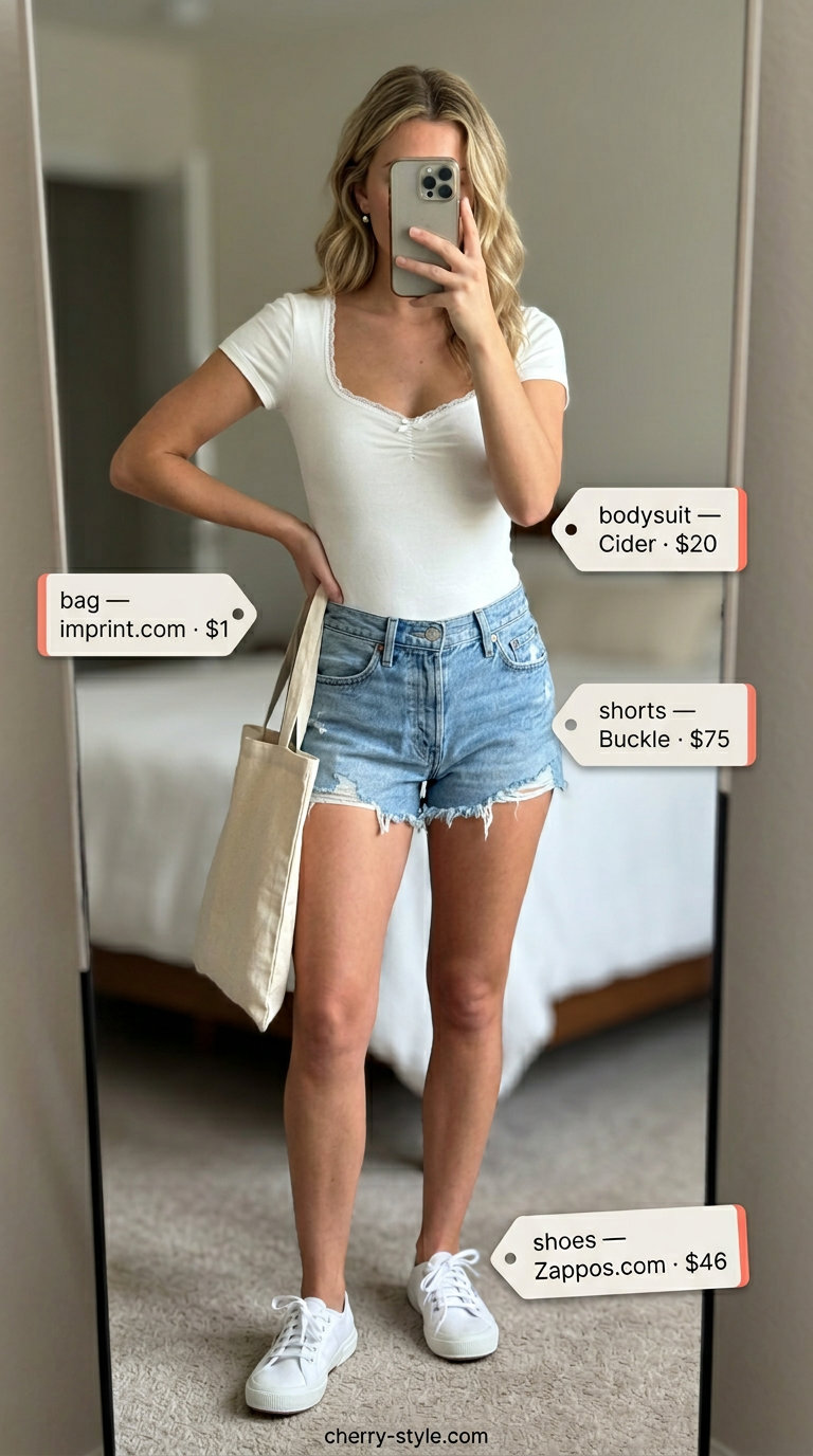Casual Summer Lace Bodysuit Outfits for Women 2026 Casual summer lace bodysuit outfits for women 2026: cream lace bodysuit, denim shorts, white sneakers, tote bag.