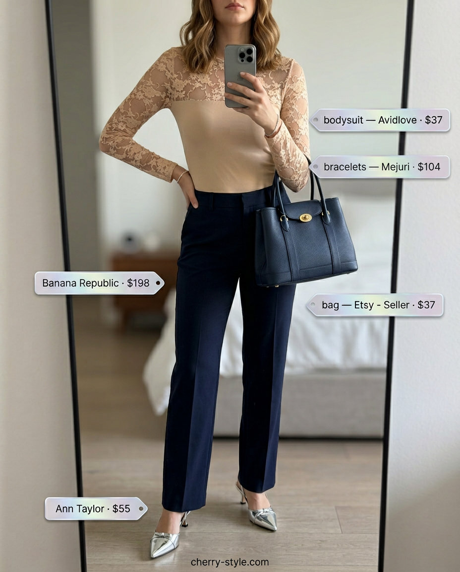 Polished City Lace Bodysuit Outfits for Women 2026 Chic city summer lace bodysuit outfits for women 2026: nude lace bodysuit, navy trousers, block heel pumps.