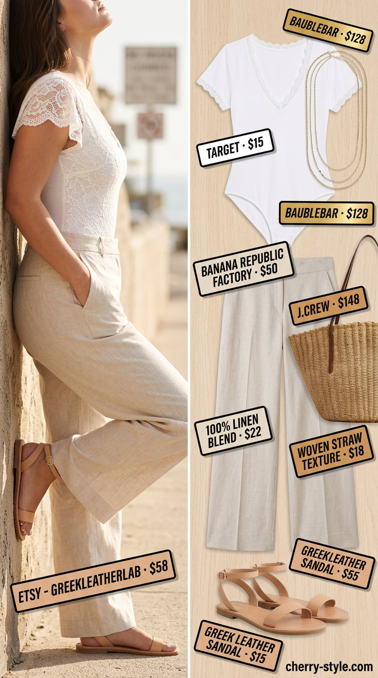 Coastal Breeze Lace Bodysuit Outfits for Women 2026 Coastal summer lace bodysuit outfits for women 2026: white lace bodysuit, linen pants, straw tote, leather sandals.