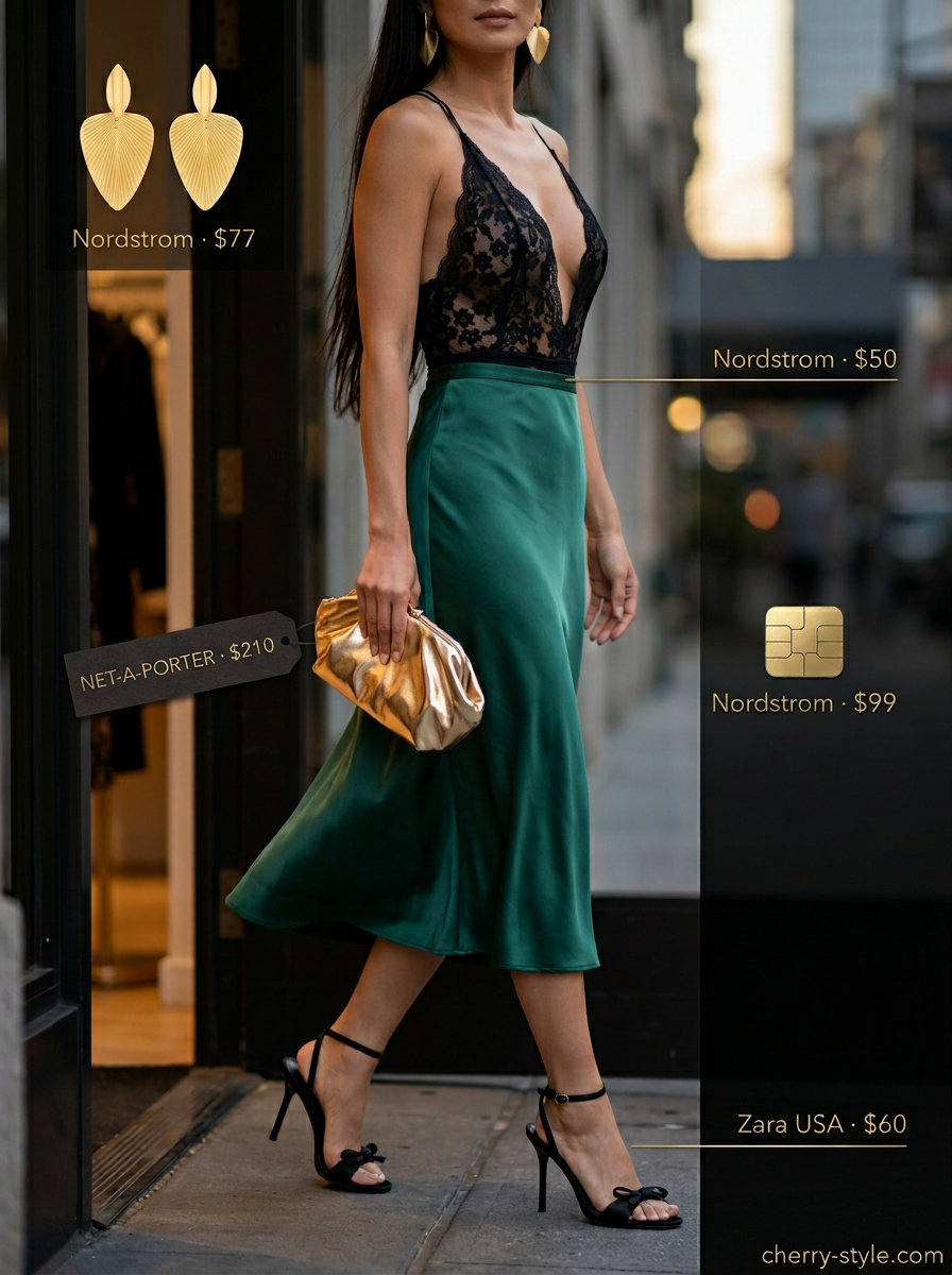 Coastal Lace Bodysuit Outfits 2026 Summer lace bodysuit outfits for women 2026: Black lace bodysuit with emerald satin skirt for coastal elegance.