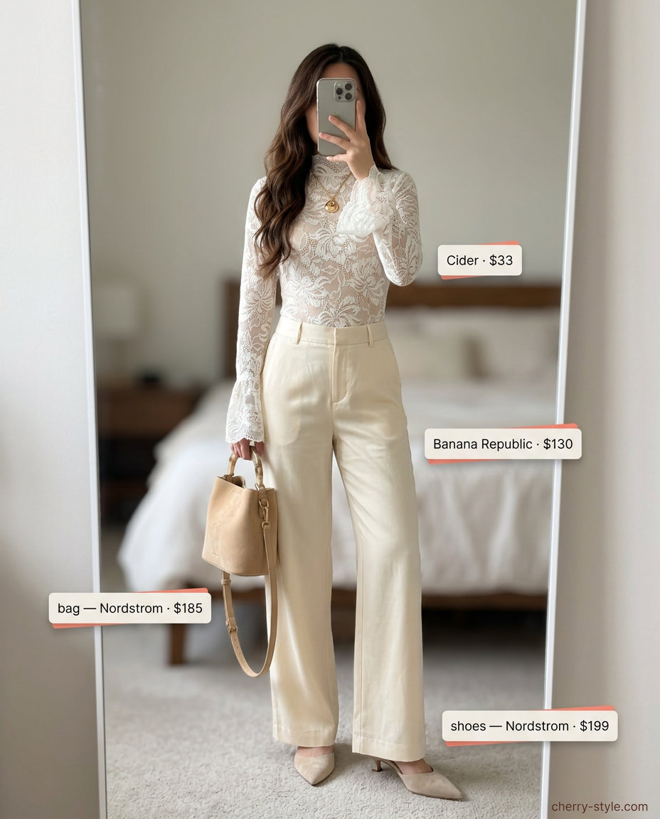 Elegant Cream Lace Bodysuit Outfits 2026 Elegant cream lace bodysuit with wide-leg trousers and mules. Summer lace bodysuit outfits for women 2026.