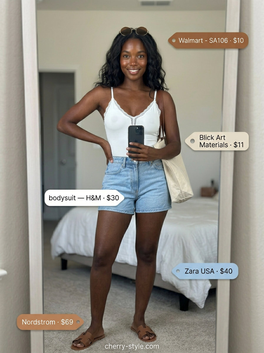 Coastal Lace Bodysuit Outfits 2026 Casual coastal outfit with white lace bodysuit, denim shorts, and slides. Summer lace bodysuit outfits for women 2026.