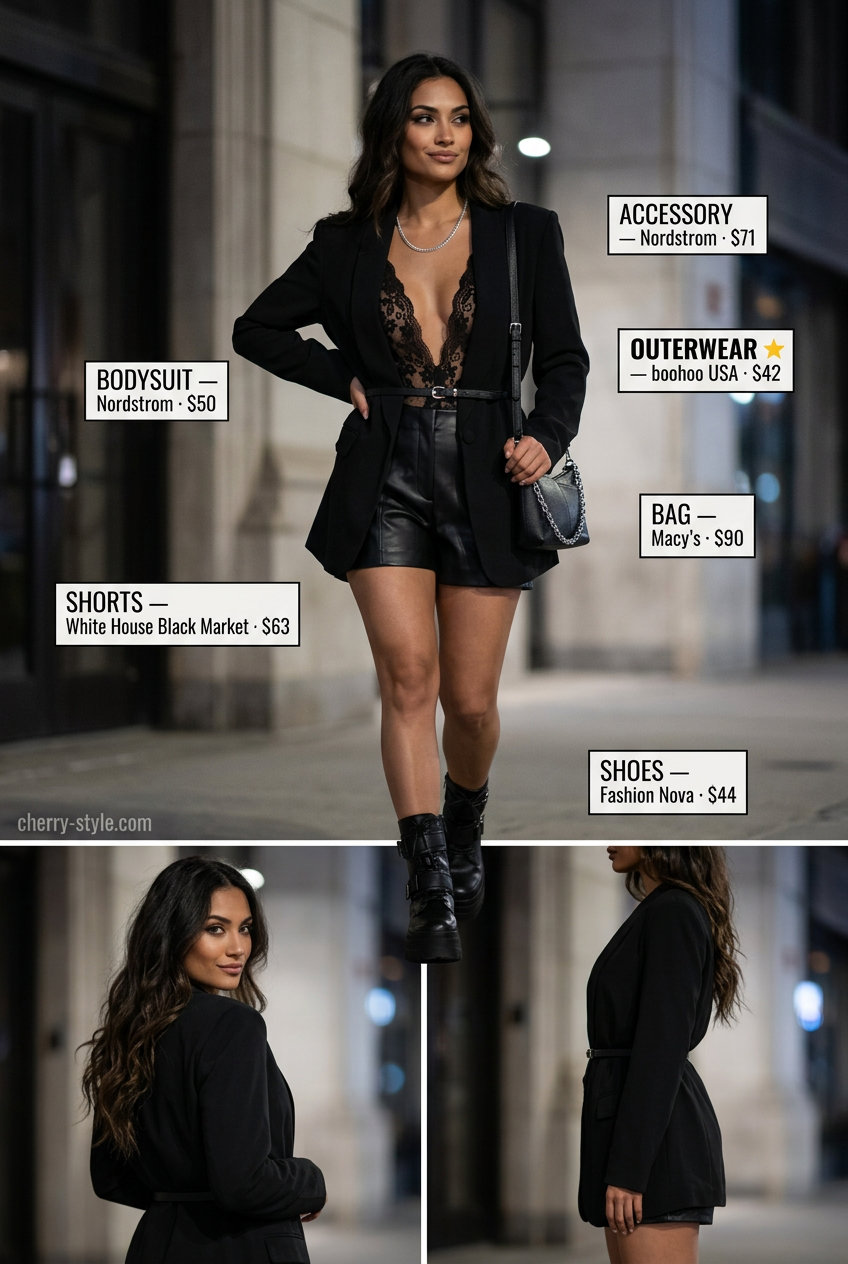 Edgy Lace Bodysuit Outfits 2026 Summer lace bodysuit outfits for women 2026: Black lace bodysuit with blazer and shorts for an edgy look.