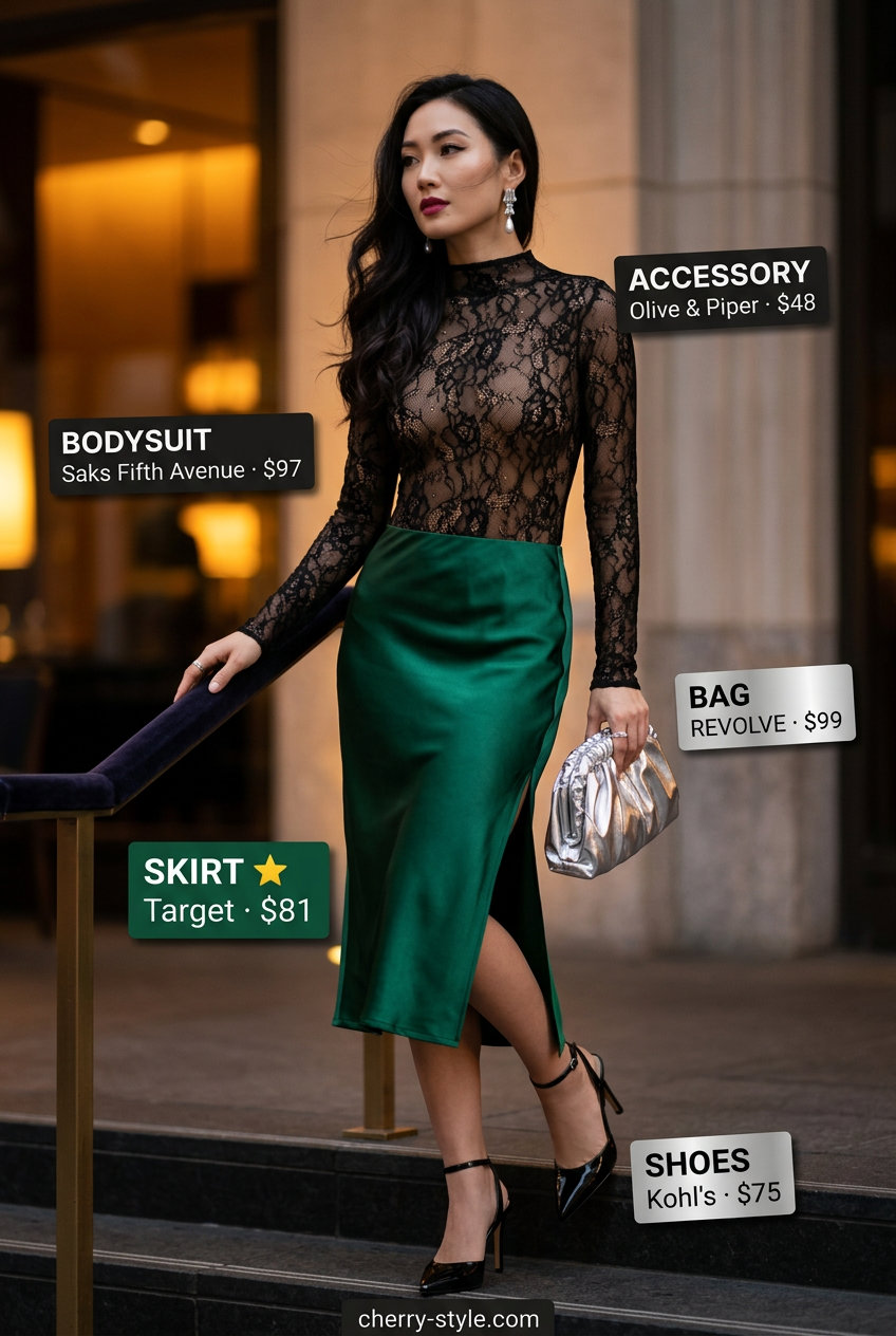 Chic Evening Lace Bodysuit Outfits for Women 2026 Elegant evening summer lace bodysuit outfits for women 2026: black lace bodysuit, emerald satin skirt, stiletto heels.