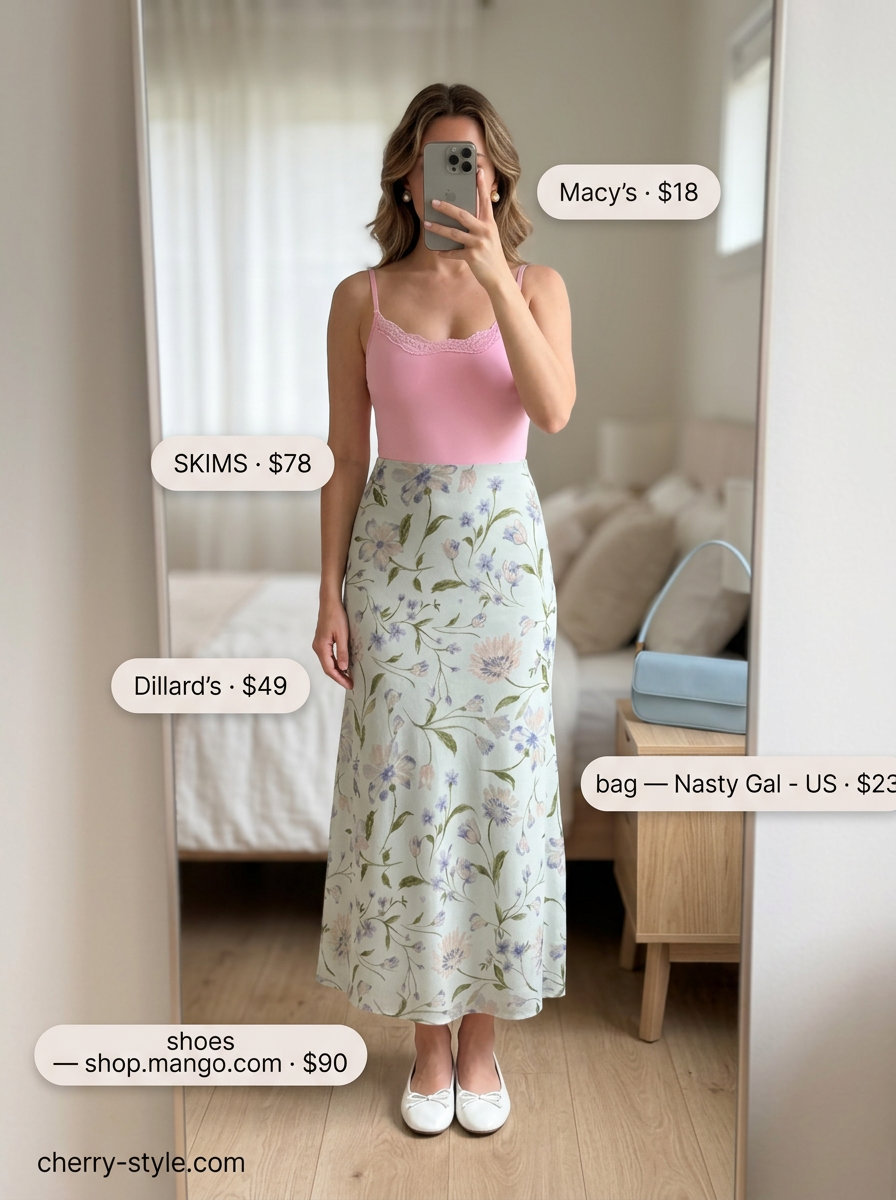 Romantic Lace Bodysuit & Floral Skirt 2026 Romantic garden party outfit with pink lace bodysuit, floral skirt, and ballet flats. Summer lace bodysuit outfits for women 2026.