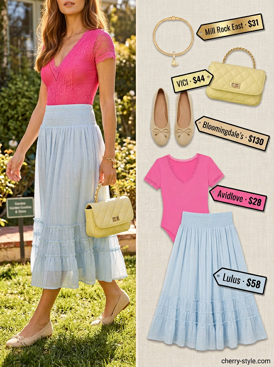 Garden Party Lace Bodysuits for Women 2026 Garden Party outfit with pink lace bodysuit, blue skirt, yellow bag, and cream flats. Summer lace bodysuit outfits for women 2026.