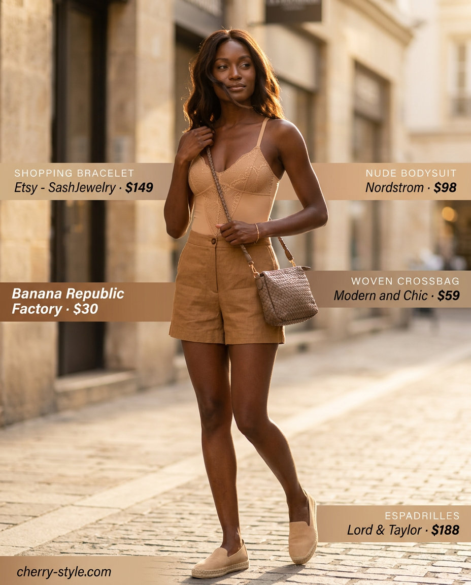 Chic Monochrome Lace Bodysuit Outfits 2026 Monochrome summer lace bodysuit outfits for women 2026: nude lace bodysuit, cream linen shorts, espadrille flats.