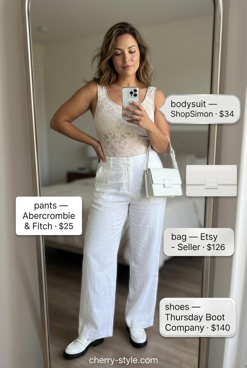 Chic White Lace Bodysuit Outfits 2026 Monochromatic white outfit with lace bodysuit, linen pants, and loafers. Summer lace bodysuit outfits for women 2026.