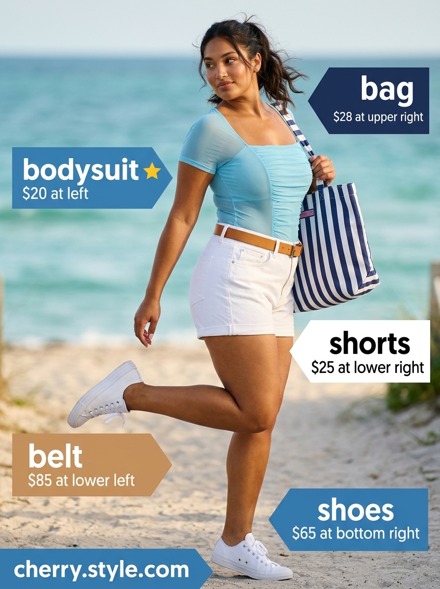 Playful Pop Lace Bodysuit Outfits for Women 2026 Playful summer lace bodysuit outfits for women 2026: blue lace bodysuit, white denim shorts, leather belt & sneakers.