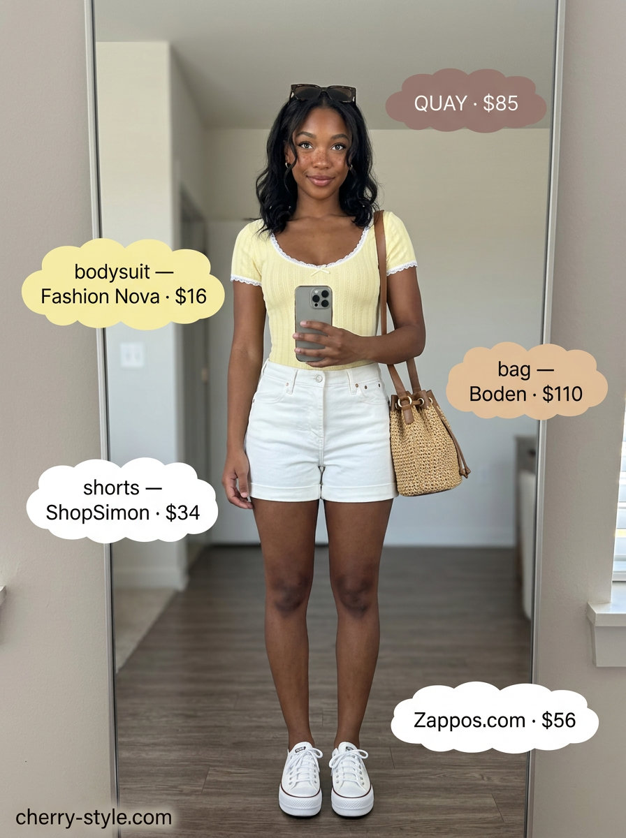 Retro Lace Bodysuit Outfits 2026 Summer lace bodysuit outfits for women 2026: Yellow lace bodysuit with white denim shorts for retro vibes.