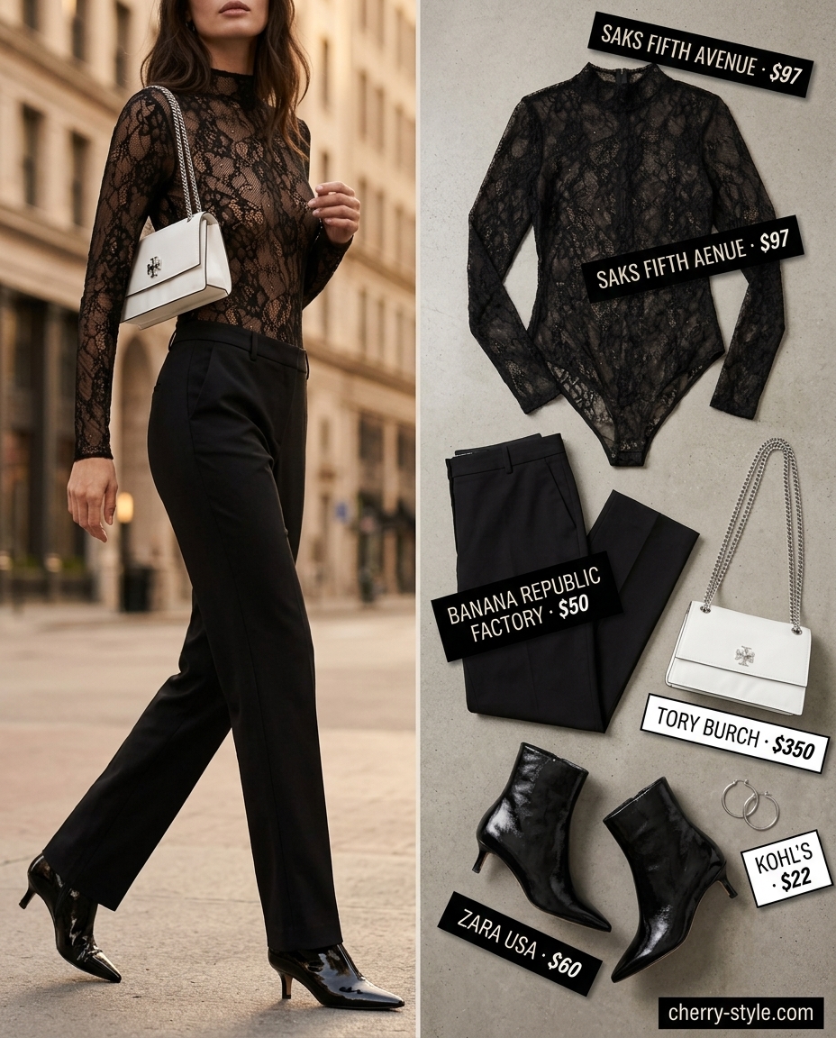 Edgy Black Lace Bodysuit Outfits 2026 Edgy urban outfit with black lace bodysuit, tailored trousers, and ankle boots. Summer lace bodysuit outfits for women 2026.