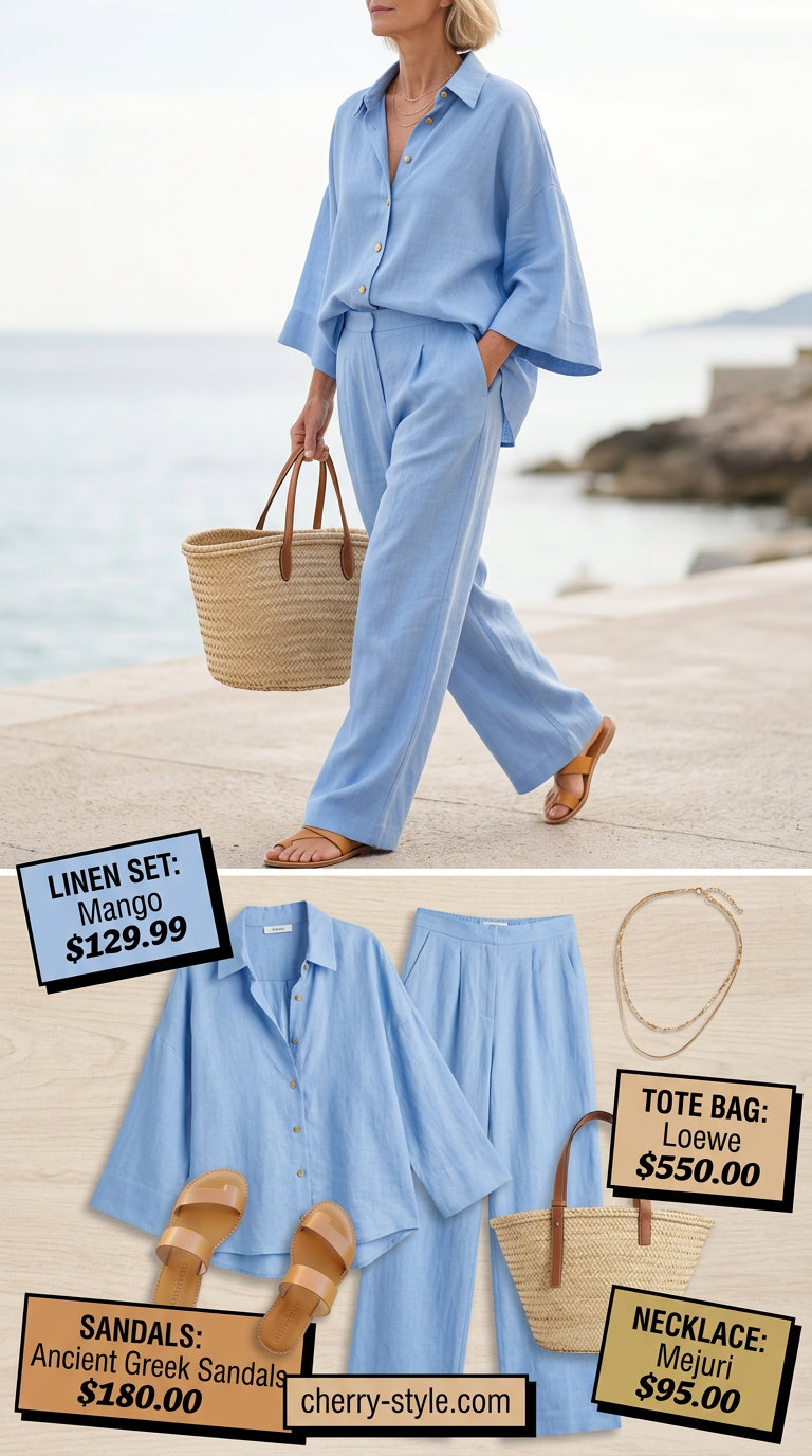 Relaxed summer linen outfit for women over 60 2026: Blue linen set, white shirt, tan sandals & straw tote.