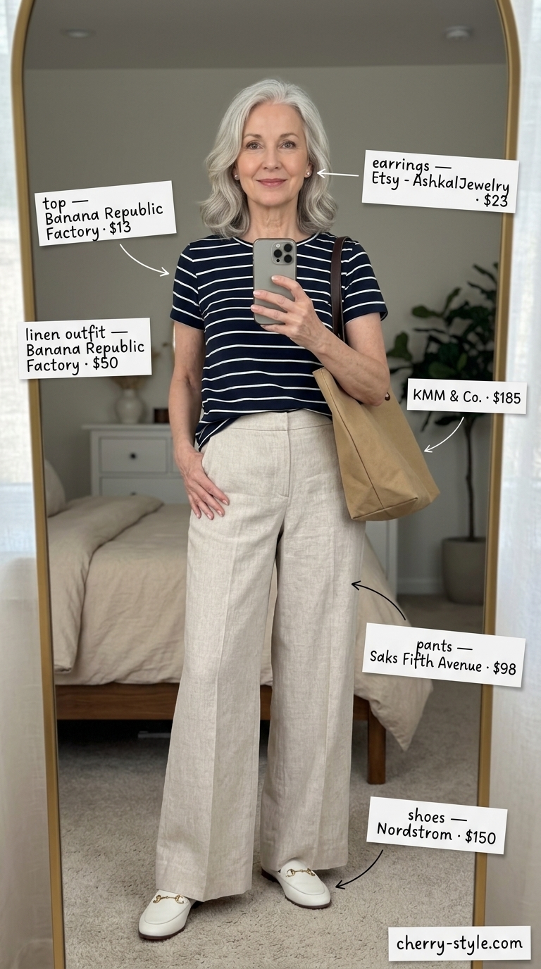 Classic summer linen outfit for women over 60 2026: Beige capris, striped tee, loafers, and tote bag.
