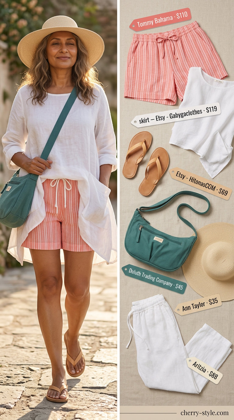 Island getaway summer linen outfit for women over 60 2026: Coral shorts, white tunic, straw hat, and sandals.