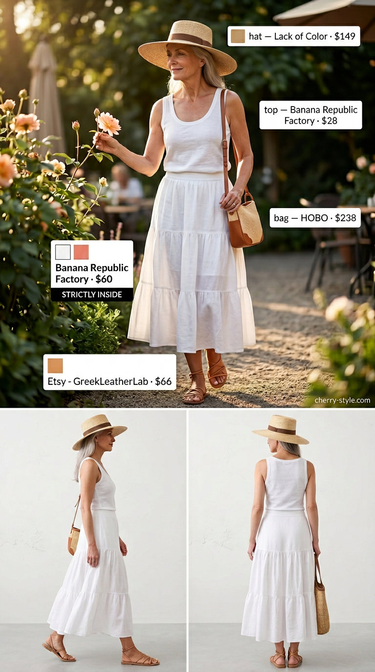 Playful summer linen outfit for women over 60 2026: Coral pink skirt, white tank, straw hat & sandals.
