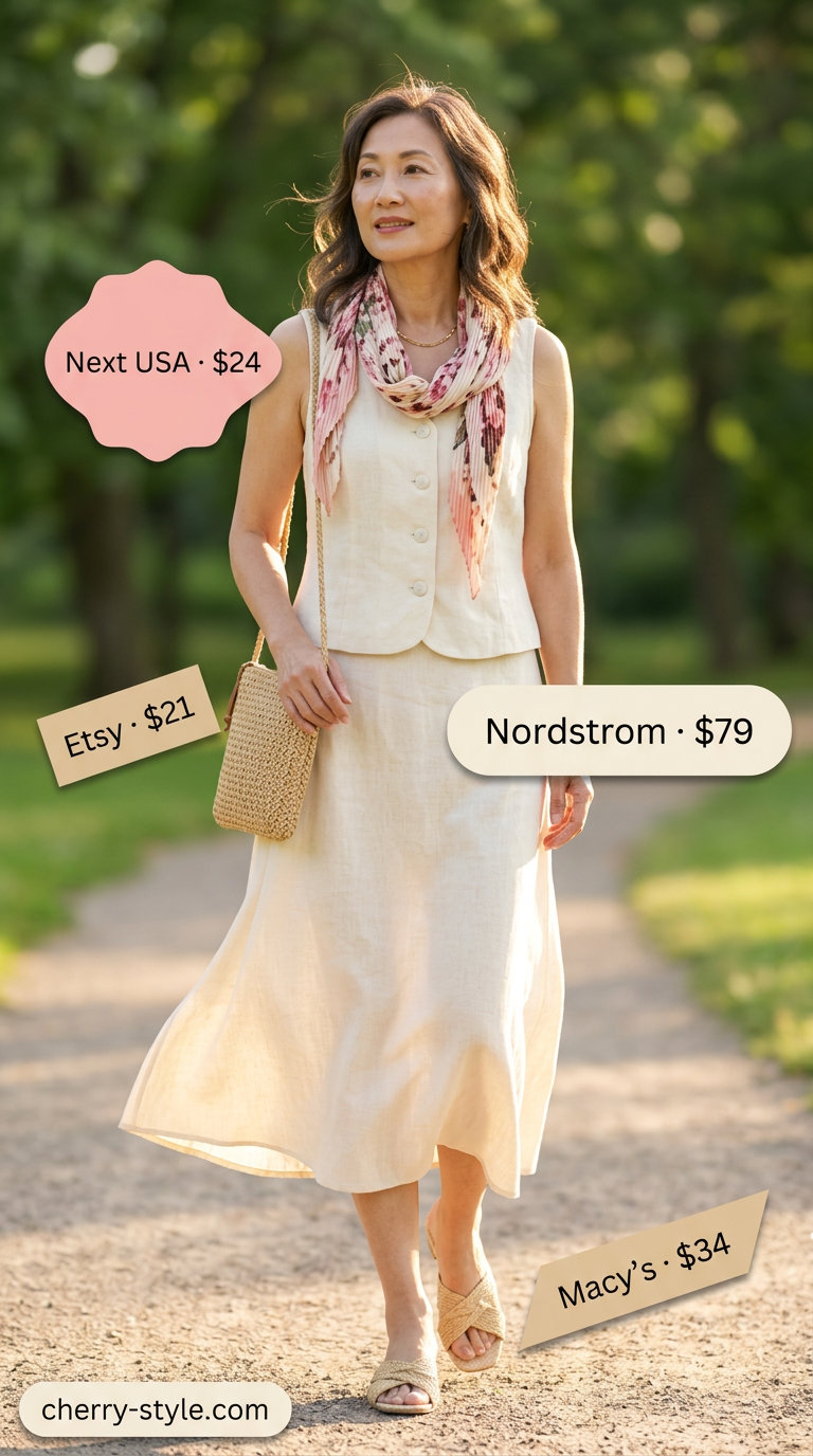 Relaxed summer linen outfit for women over 60 2026: Cream midi skirt, pink floral scarf, and espadrilles.