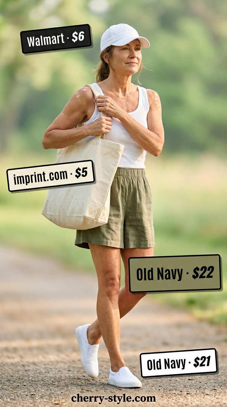 Summer linen outfit for women over 60 2026: Khaki green linen shorts, white tee, sneakers, and cap for casual days.
