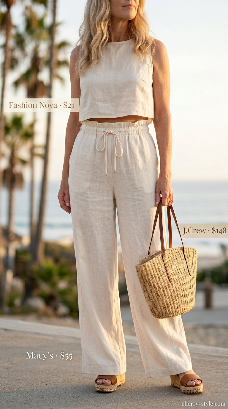 Vacation summer linen outfit for women over 60 2026: Light blue linen set, espadrilles, and straw tote.