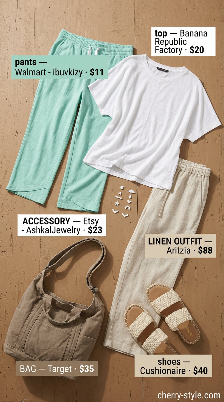 Casual summer linen outfit for women over 60 2026: Mint green capris, white top, espadrilles, and canvas tote.