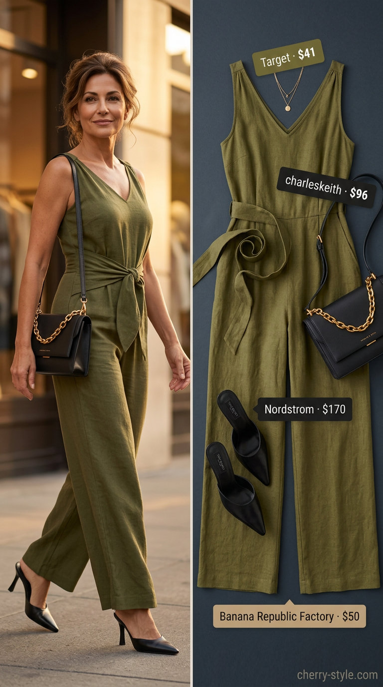 Sophisticated summer linen outfit for women over 60 2026: Olive green wide-leg jumpsuit, black heels & gold bracelet.