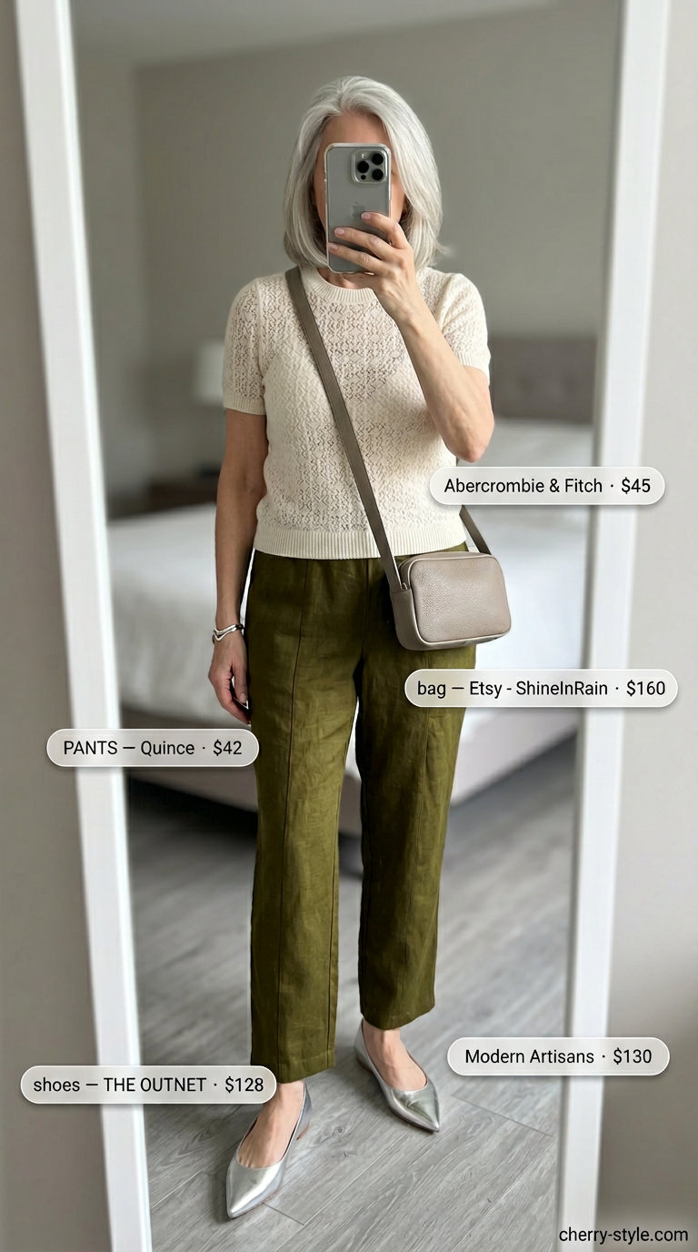 Artistic summer linen outfit for women over 60 2026: Olive trousers, cream knit top, metallic flats, and silver cuff.