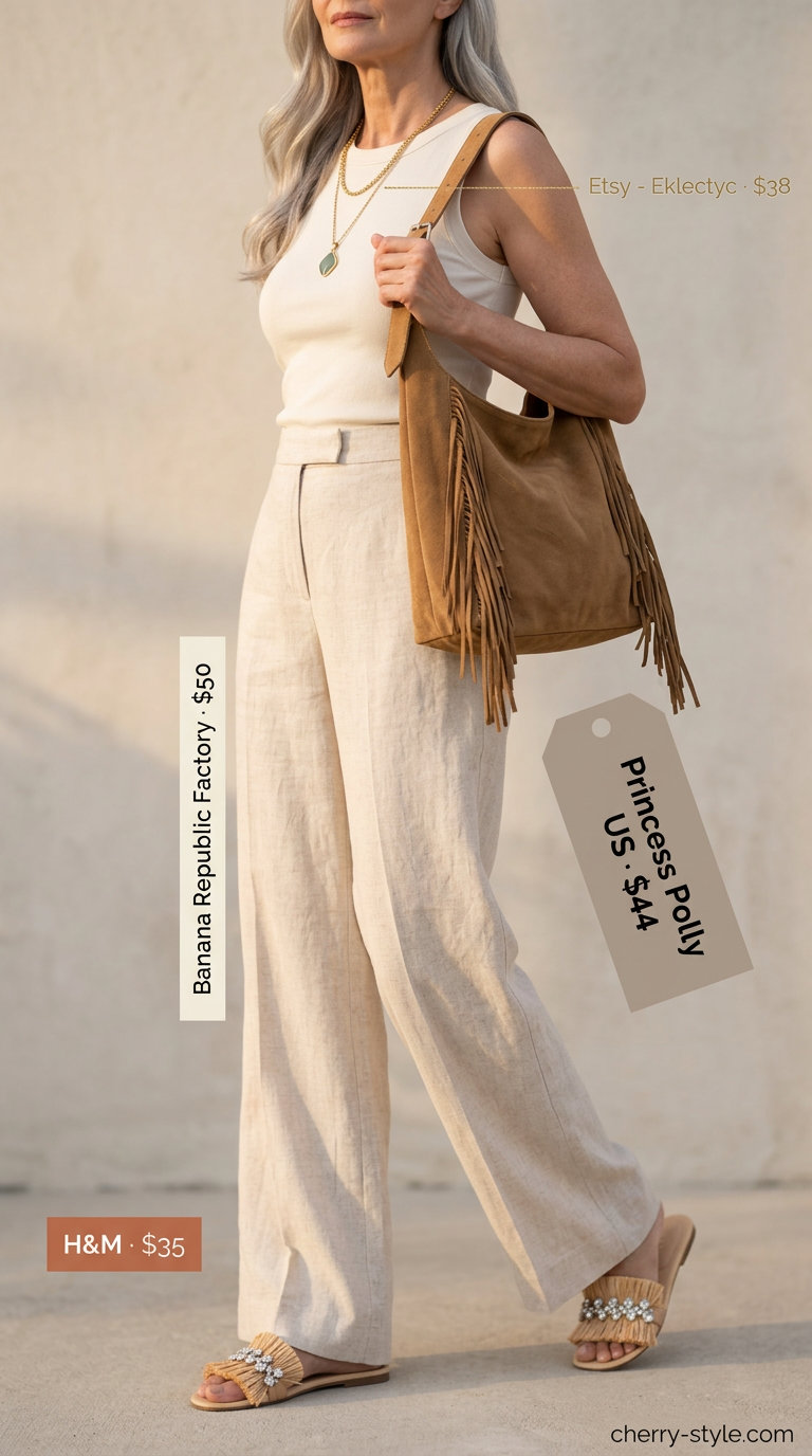 Chic summer linen outfit for women over 60 2026: Cream palazzo pants, sleeveless top, embellished sandals, and suede bag.