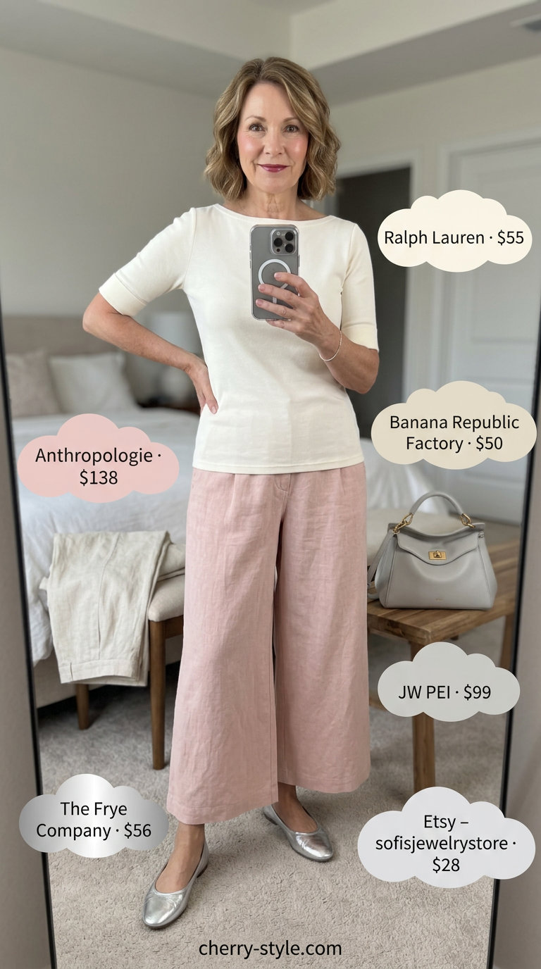 Comfortable summer linen outfit for women over 60 2026: Muted pink culottes, cream knit top, silver flats.