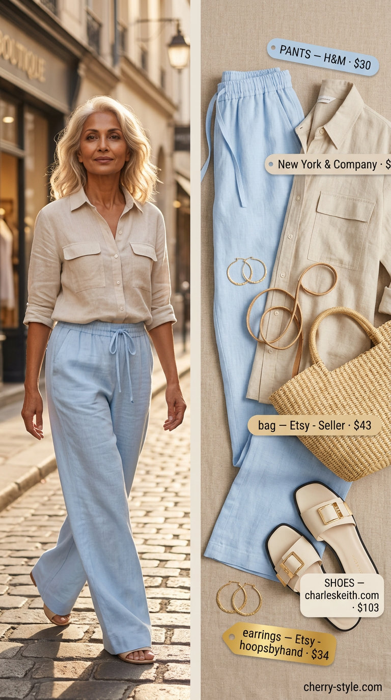 Relaxed summer linen outfit for women over 60 2026: Sky blue linen set, white shirt, tan sandals & straw tote.
