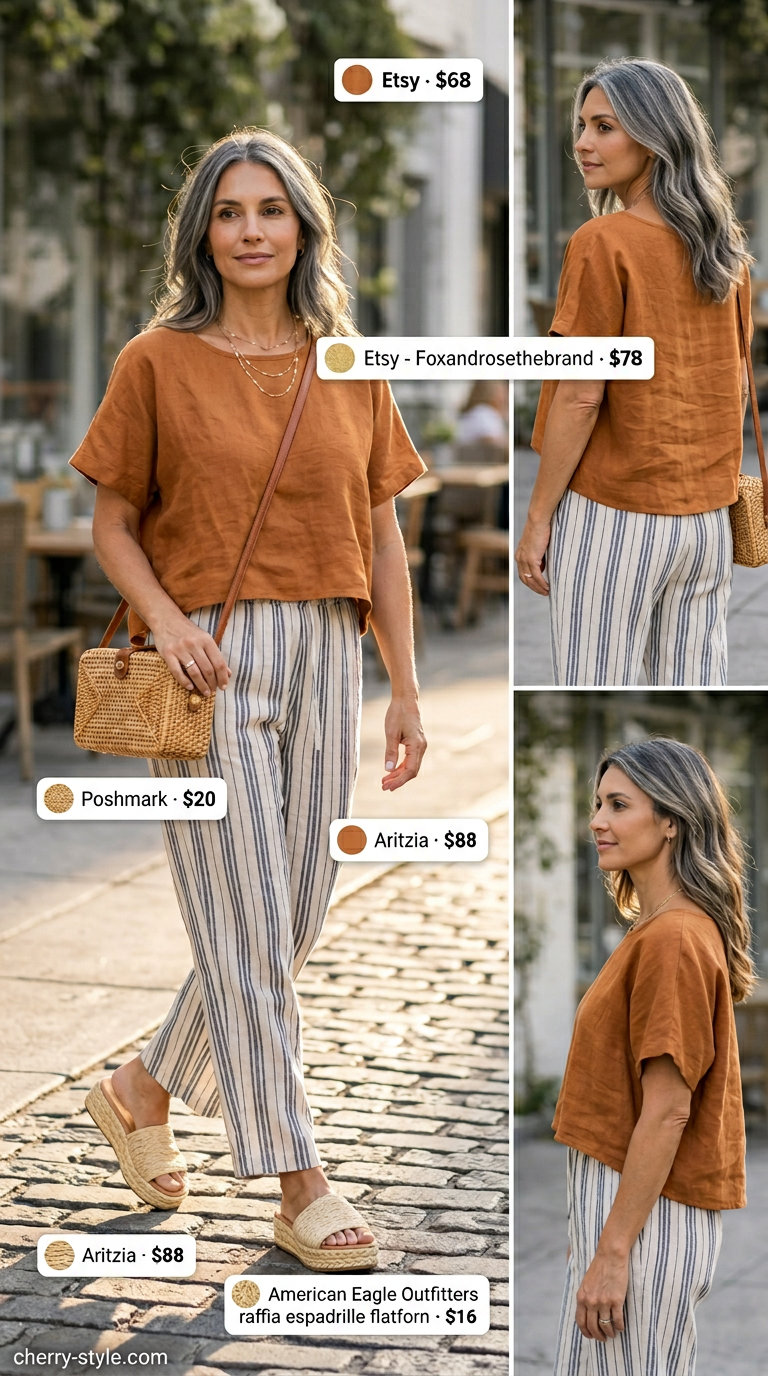 Modern summer linen outfit for women over 60 2026: Terracotta linen top, espadrilles & straw bag.